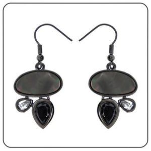 Earring Black Mother of Pearl Stone Jet Cubic Zirconia Silver NWT